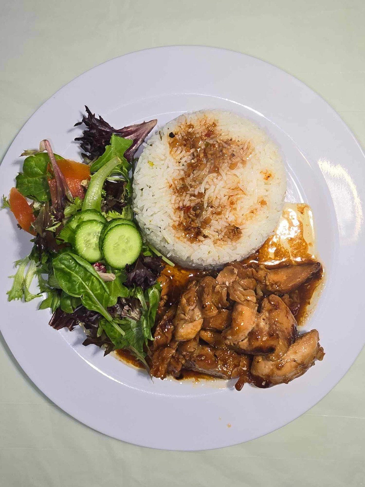 Dinner Meal: Cilantro lime rice w/ Bourbon chicken and garden salad