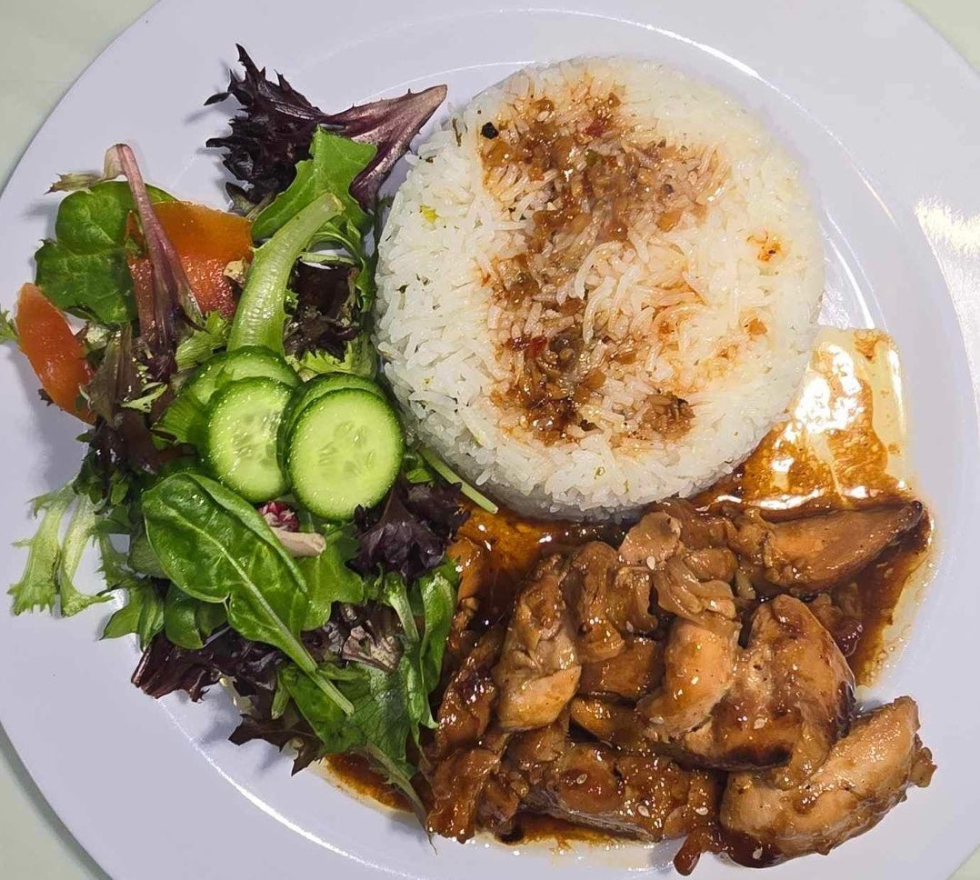 Dinner Meal: Cilantro lime rice w/ Bourbon chicken and garden salad